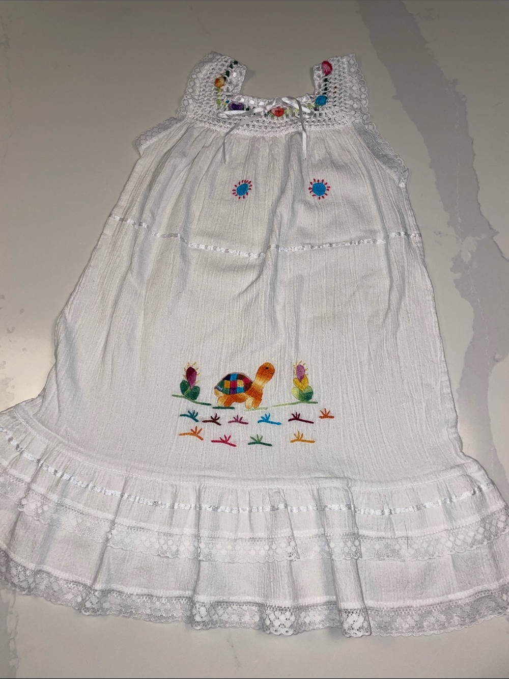 White Cotton Girls Dress with Colorful Turtle Embroidery 8
